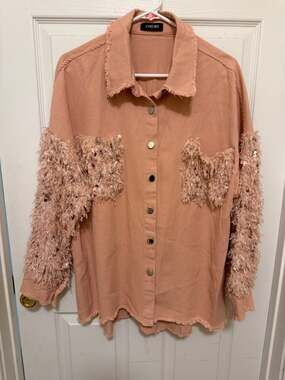 ChicMe Pink Fringe Sequin Denim Jacket Size L